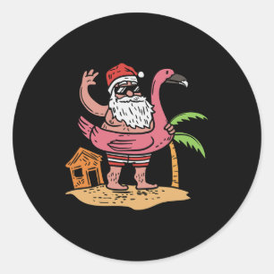 Pegatina Redonda Papá Noel de verano Flamingo Flotador Divertida Na