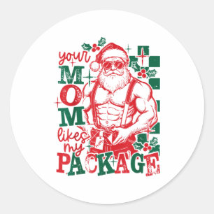 Pegatina Redonda Papá Noel divertido a tu mamá le gusta mi paquete