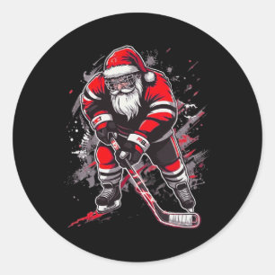 Pegatina Redonda Papá Noel divertido hockey Navidad Retro invierno