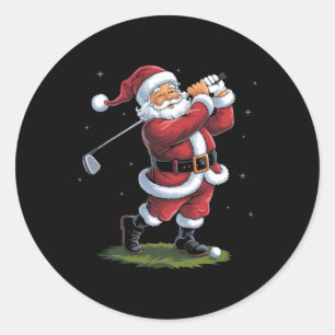 Pegatina Redonda Papá Noel Divertido Jugando Golf Luces de Navidad