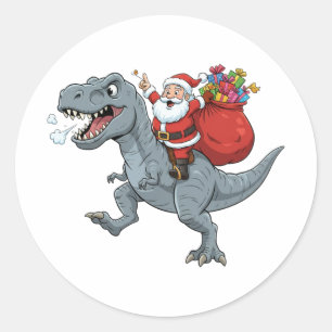 Pegatina Redonda Papá Noel Divertido Montando un Dinosaurio T Rex N