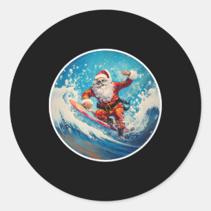 Pegatina Redonda Papá Noel Divertido Sobre Surfear Tabla de Surf Na