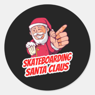 Pegatina Redonda Papá Noel en monopatín Navidad Fiesta Skateb