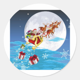 Pegatina Redonda Papá Noel en su trineo