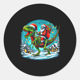 Pegatina Redonda Papá Noel esqueleto montando dinosaurio T Rex Navi