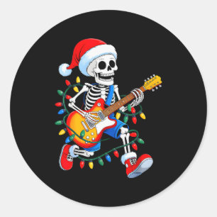 Pegatina Redonda Papá Noel esqueleto tocando guitarra rock divertid