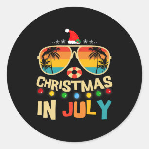 Pegatina Redonda Papá Noel Gafas de sol Playa Navidad En Julio Homb