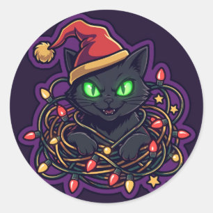 Pegatina Redonda Papá Noel gato espeluznante Navidad