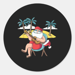 Pegatina Redonda Papá Noel Hawaiano Guitarra Hawaiana Navidad En J
