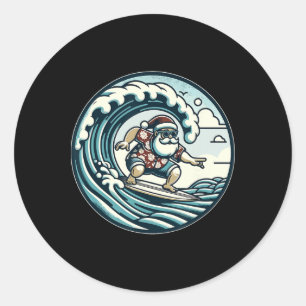 Pegatina Redonda Papá Noel Hawaiano Surfing Navidad Aloha Tropi