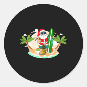 Pegatina Redonda Papá Noel hawaiano surfista o Navidad en la playa