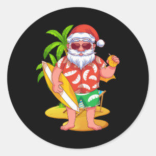 Pegatina Redonda Papá Noel Hawaiano Surfista Verano Tropical Navida