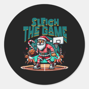 Pegatina Redonda Papá Noel juega baloncesto con Navidades