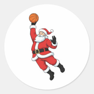 Pegatina Redonda Papá Noel jugando baloncesto divertida Navidad