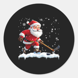 Pegatina Redonda Papá Noel jugando hockey hielo Navidad Xmas
