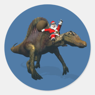 Pegatina Redonda Papá Noel montado en Espinosaurio