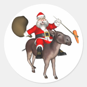 Pegatina Redonda Papá Noel montado en un burro