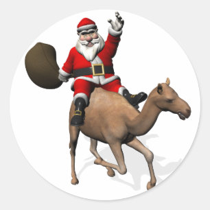 Pegatina Redonda Papá Noel montado en un camello