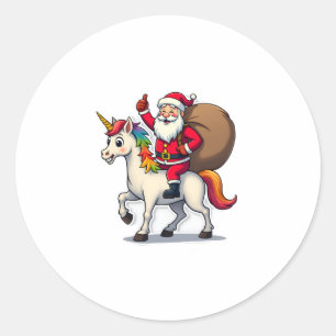 Pegatina Redonda Papá Noel montando un Unicornio de Navidad - Chica