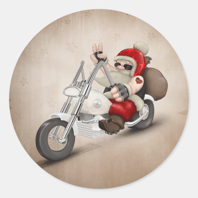 Pegatina Redonda Papá Noel motorizado (Anverso)