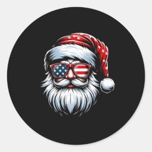 Pegatina Redonda Papá Noel Patriótico Usa Gafas de sol Navidad En J