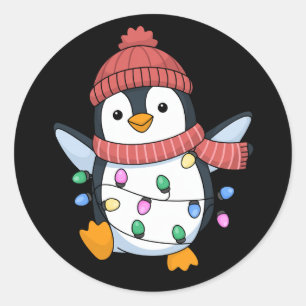Pegatina Redonda Papá Noel Pingüino Luces Navidad Pingüinos Xmas