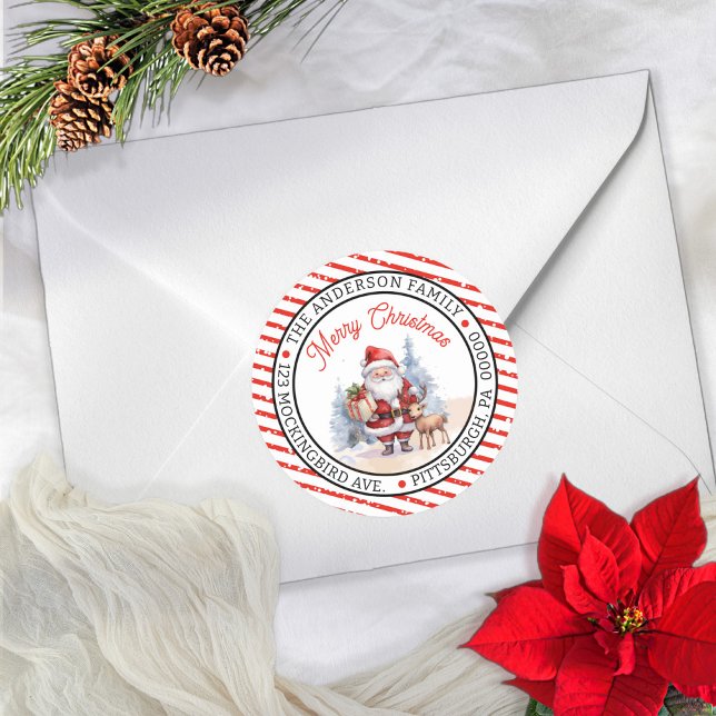 Pegatina Redonda Papá Noel | Reno Círculo de Navidad Dirección de R (Add a festive touch to your holiday correspondence with this Santa and Reindeer Envelope Seal)
