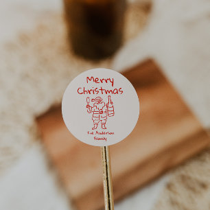 Pegatina Redonda Papá Noel Rojo Dibujado Retro Feliz Navidad