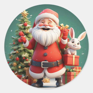 Pegatina Redonda Papá Noel sosteniendo regalo con conejos