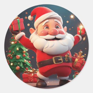 Pegatina Redonda Papá Noel sosteniendo un regalo