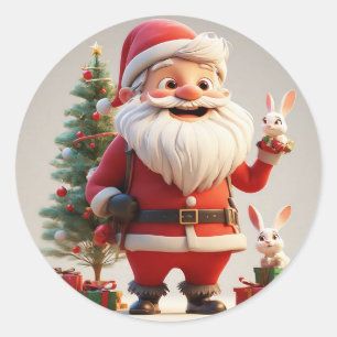 Pegatina Redonda Papá Noel sosteniendo un regalo con conejos
