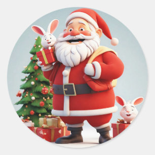 Pegatina Redonda Papá Noel sosteniendo un regalo con conejos