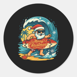 Pegatina Redonda Papá Noel Surf en la Playa Hawaiana Navidad en Jul