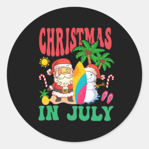 Pegatina Redonda Papá Noel Surfing Playa Hawaiana Navidad En Julio