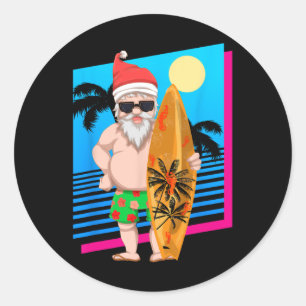 Pegatina Redonda Papá Noel surfista de verano hawaiano divertido Na