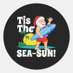 Pegatina Redonda Papá Noel Surfista Es El Navidad Mar-sol En Julio