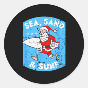 Pegatina Redonda Papá Noel surfista - Papá Noel de Navidad en surf
