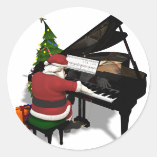 Pegatina Redonda Papá Noel tocando el piano