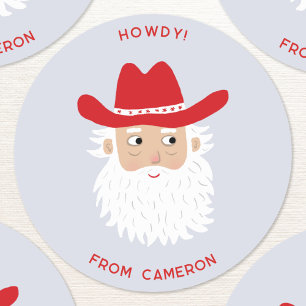 Pegatina Redonda Papá Noel vaquero Navidad Texto personalizado