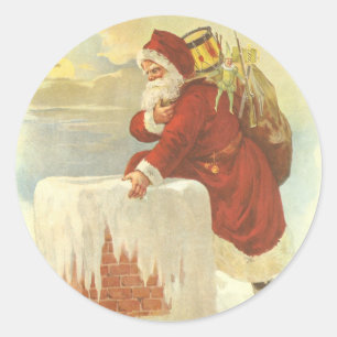 Pegatina Redonda Papá Noel Victoriano de Navidad vintage en chimene