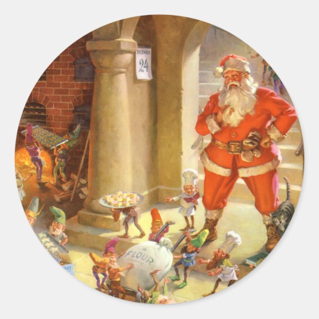 Pegatina Redonda Papá Noel Viene Con Sus Elfos De Cocina (Anverso)