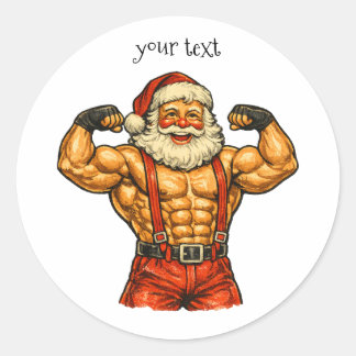Pegatina Redonda Papá Noel vintage culturista divertido Navidad