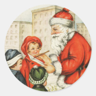 Pegatina Redonda Papá Noel Vintage haciendo su lista traviesa y agr