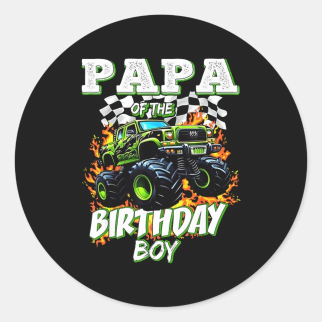 Pegatina Redonda Papa Of The Birthday Boy Monster Truck Birthday Ki (Anverso)