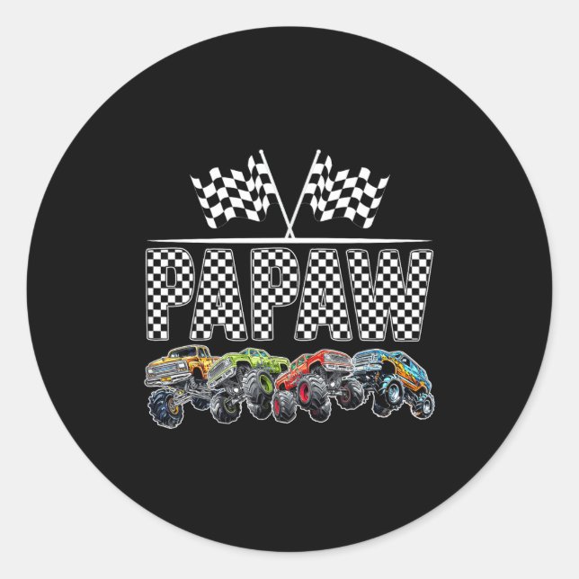 Pegatina Redonda Papaw Retro Monster Truck Family Birthday Matching (Anverso)