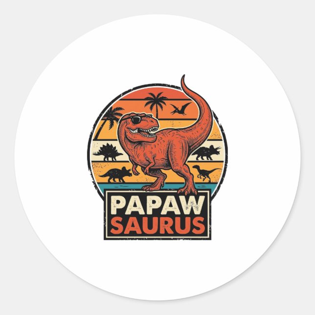 Pegatina Redonda Papawsaurus Diseño Vectorial Retro Dinosaurio Atar (Anverso)