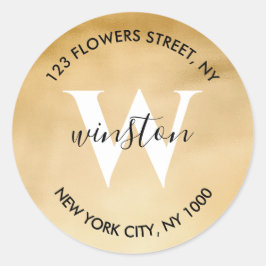 Pegatina Redonda Papel con Monograma Dorado Brillante Dirección de 