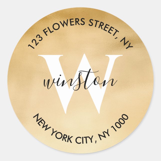 Pegatina Redonda Papel con Monograma Dorado Brillante Dirección de  (Anverso)
