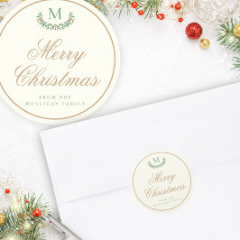 Pegatina Redonda Papel de regalo con monograma de Navidad elegante