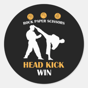Pegatina Redonda Papel de rock tijera cabeza Kick I ganar Karate am